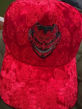 Red Velvet Embroidered Sequin Devil Motif Cap